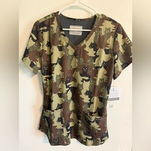 Skechers Olive & Brown Cat Camo V-Neck Scrub Top